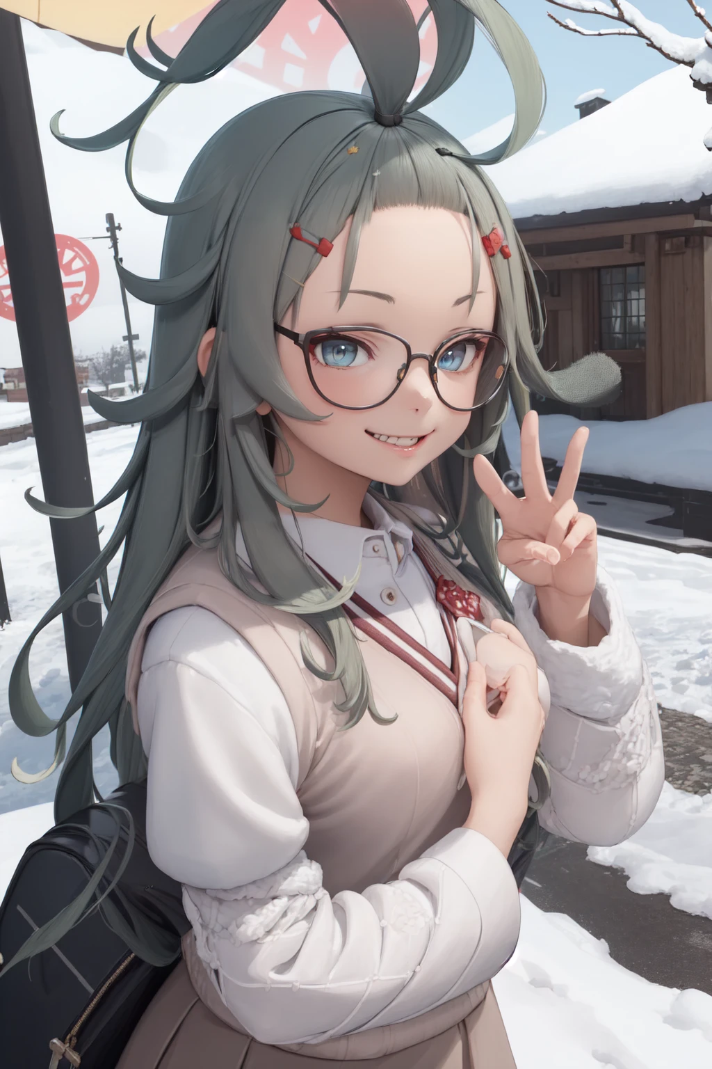 (masterpiece:1.3), (absurdres:1.3), (best quality:1.3), 1girl, looking at viewer, smile, outdoors, snow, upper body, peace sign, <lora:merufi-000005:1>, merufi, glasses, long ahoge, blue eyes, bangs pinned back,  <lora:tokiwadai_school_uniform:1>, tokiwadai school uniform,