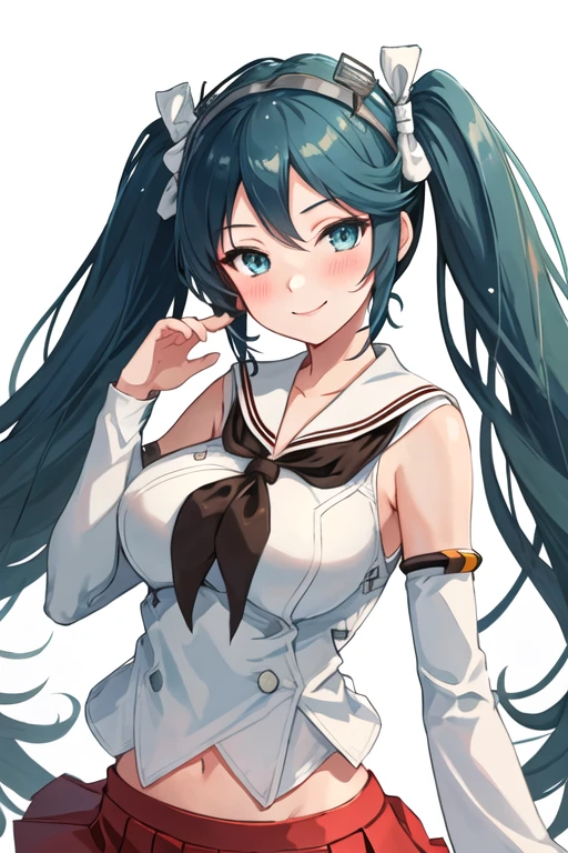 best quality, masterpiece, highres, solo, {isuzu_kantaicollection:1.15}, long_hair, twintails, ribbon, breasts, hair_ribbon, blue_hair, large_breasts, blue_eyes, blush, green_eyes, 1girl, detached_sleeves, looking_at_viewer, neckerchief, pleated_skirt, sailor_collar, school_uniform, serafuku, simple_background, skirt, white_sailor_collar, red_skirt, smile, white_background, upper_body, brown_neckerchief, sleeveless