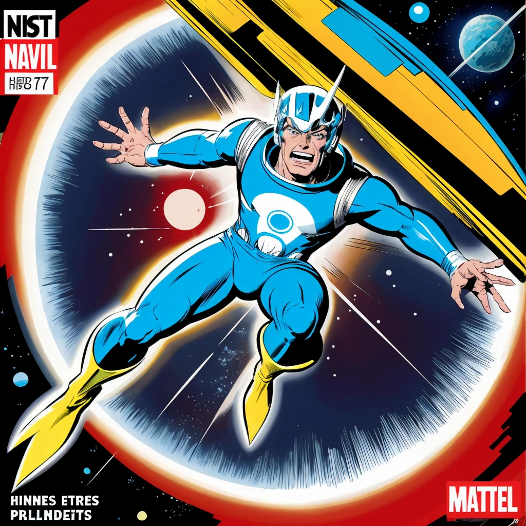 <lora:jackkirbyv2:1> a silver humanoid surfing in space in the style of jack kirby