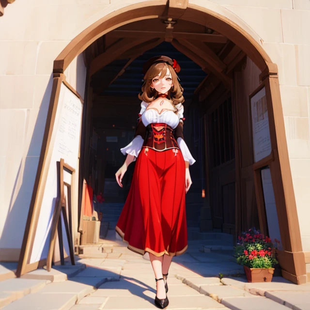 (masterpiece, best quality, ultra-detailed, best shadow), (detailed background,dark fantasy), (beautiful detailed face), (best illumination, an extremely delicate and beautiful), ((cinematic light)), colorful, hyper detail, dramatic light, intricate details, (depth) of (field),  <lora:GachaSplash4:1>[(white background:1.5)::5], isometric,mid shot, full body,<lora:MargaretNPC:0.8> 1girl, margaret, brown_hair, puffy_sleeves, bangs, corset, hat, brown_eyes, smile, choker, red_skirt, happy, wind, german_buildings,