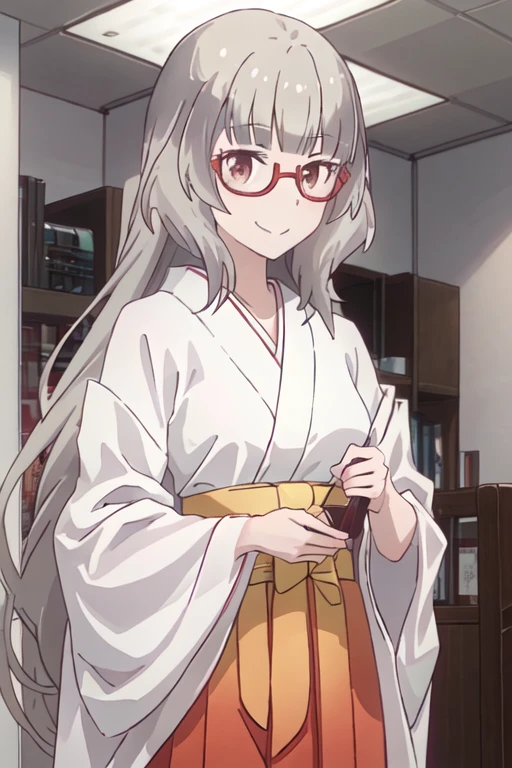 best quality, masterpiece, highres, solo, {white kimono:1.35}, {red hakama:1.35}, {wide sleeves:1.20}, {hazuki_shizuku_newgame:1.15}, glasses, long_hair, red-framed_eyewear, grey_hair, bangs, semi-rimless_eyewear, smile, under-rim_eyewear, closed_mouth, brown_eyes, blunt_bangs