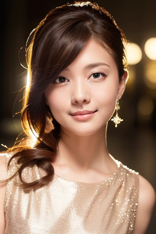 1girl,(wearing a sleeveless glittery evening dress:1.2),(RAW photo, best quality), (realistic, photo-realistic:1.4), masterpiece, an extremely delicate and beautiful, extremely detailed, 2k wallpaper, Amazing, finely detail, extremely detailed CG unity 8k wallpaper, ultra-detailed, highres, soft light, beautiful detailed girl, extremely detailed eyes and face, beautiful detailed nose, beautiful detailed eyes,cinematic lighting,city lights at night,perfect anatomy,slender body, <lora:numakuramanami_lora:0.8>,smile