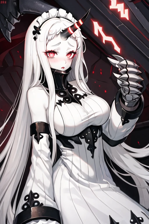 best quality, masterpiece, highres, solo, {maid:1.40}, {long maid dress:1.15}, {seaport_hime_kantaicollection:1.15}, abyssal_ship, horns, long_hair, single_horn, white_hair, red_eyes, pale_skin, breasts, large_breasts, claws, very_long_hair, blush, colored_skin, white_skin