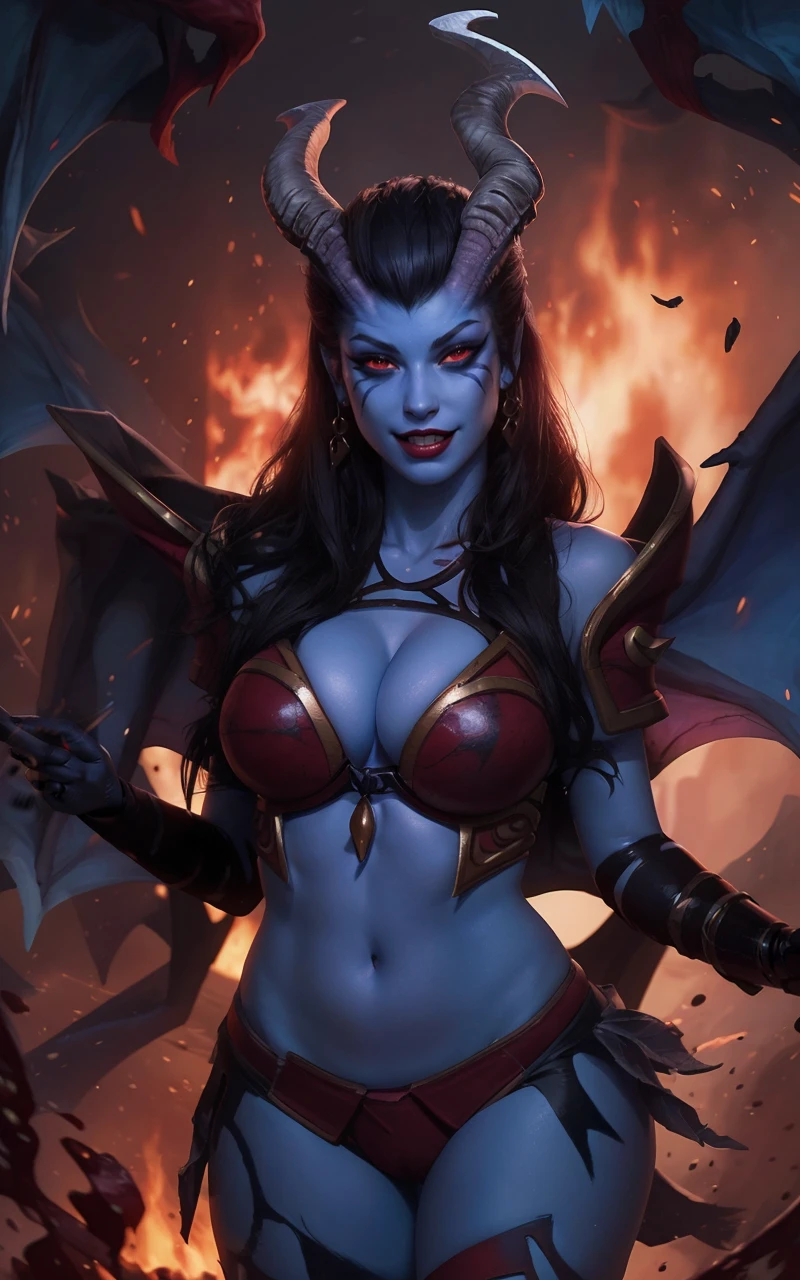 qopdota2023, blue skin, 1girl, 8k, uhd, best quality, trending on arstation, photorealistic, masterpiece, raw image, skin pores, detailed skin, award winning photo, horns on forehead, face markings, glowing eyes, full body, evil laugh, fangs, large breasts, wide hips, facepaint, dota 2, toned body, full body, walking in fantasy village,