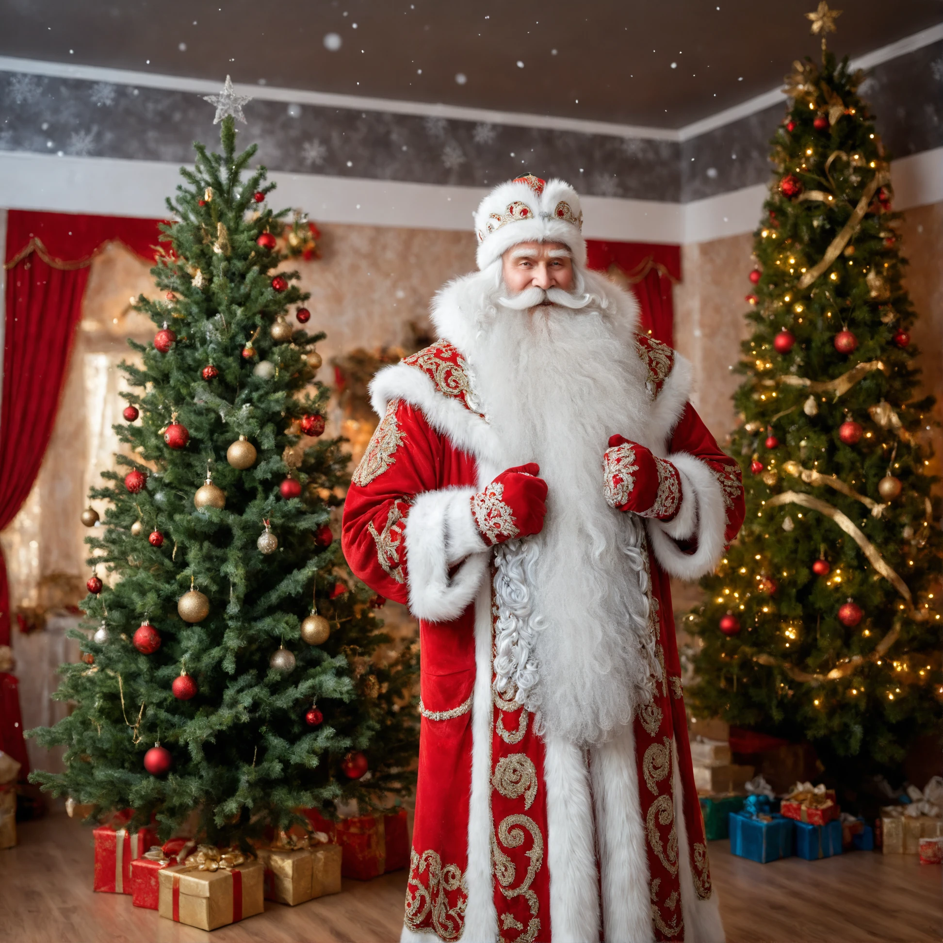 Real estate photography style, Epic insane detailed photo, DedMoroz solo,long beard, 1boy,  elderly, looking at viewer, dancing, holding an ice staf, magic atmosphere,a fabulous Christmas tree in the background, insane detailed, detailed face, perfectly drawing hands, <lora:DedMoroz:1>,  <lora:add-detail-xl:2>,  <lora:xl_more_art-full_v1:0.3>, Professional, inviting, well-lit, high-resolution, property-focused, commercial, highly detailed