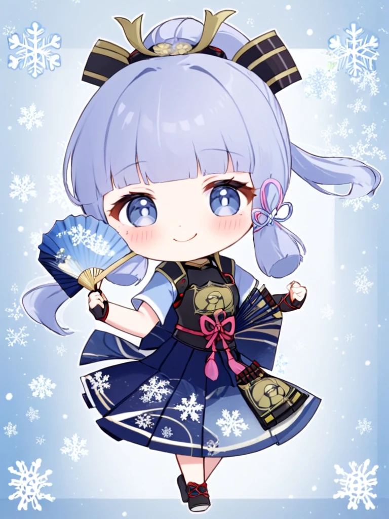 <lora:shenli3:1>,1girl, kamisato_ayaka, solo, hand_fan, chibi, smile, sidelocks, holding_fan, holding, tress_ribbon, looking_at_viewer, armor, full_body, folding_fan, snowflakes, japanese_armor, armored_dress, japanese_clothes, tabi, gloves, short_sleeves, grey_eyes, skirt, blush