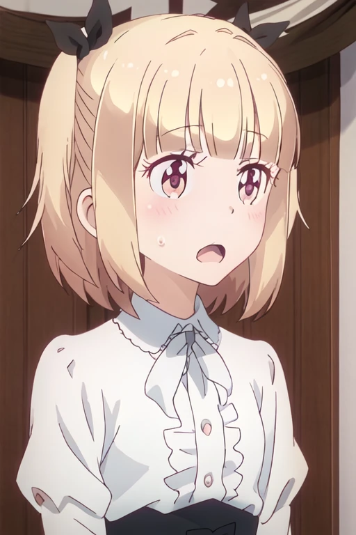 best quality, masterpiece, highres, solo, {iijima_yun_newgame:1.15}, blonde_hair, short_hair, blush, two_side_up, ribbon, bangs, hair_ribbon, anime_coloring, brown_eyes, child, hair_bobbles, hair_ornament, open_mouth, 1girl, upper_body, aged_down, side_ponytail