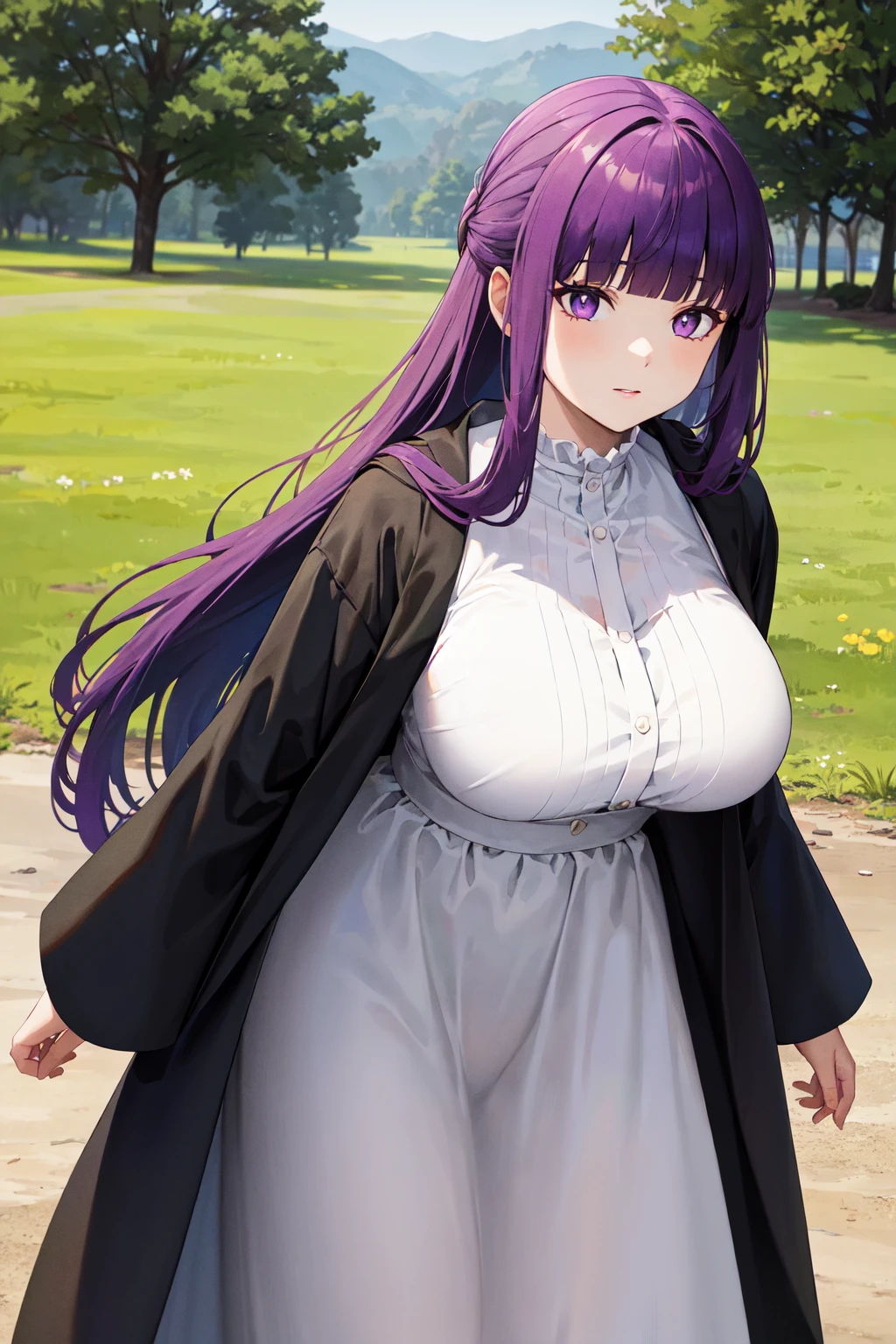masterpiece, best quality, highres, aafern, long hair, purple hair, blunt bangs, purple eyes, large breasts, long dress, white dress, black robe, long sleeves, <lora:fern_(sousou_no_frieren)_v1:0.7>, standing, cowboy shot, outdoors