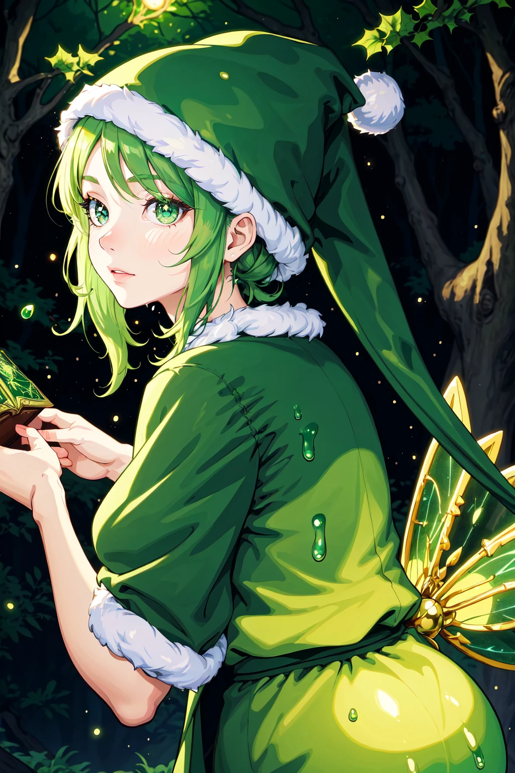 Woman in a green santa suit, christmas theme, slime dripping, green, trees, DuskFae