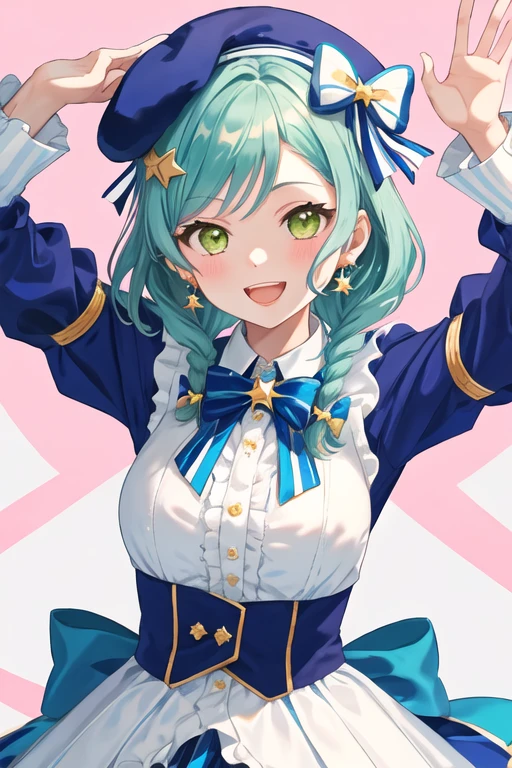 best quality, masterpiece, highres, solo, {hikawa_hina_bangdream:1.15}, aqua_hair, green_eyes, short_hair, smile, bow, braid, blush, hair_bow, side_braids, twin_braids, open_mouth, bangs, 1girl, earrings, jewelry, looking_at_viewer, blue_bow, hair_ornament, hat, constellation, frills, ribbon, striped, striped_bow, beret, blue_headwear, frilled_shirt_collar, alternate_hairstyle, brooch, hat_bow, :d, bowtie, striped_ribbon, long_sleeves, star_\(symbol\), neck_ribbon, upper_body, gem, star_\(sky\), constellation_print, striped_bowtie