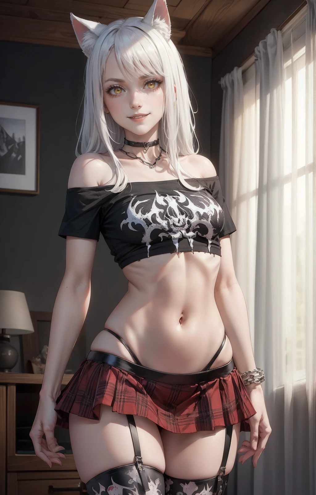 masterpiece, best quality, bedroom, close up, 1girl, breast grab, undressing, smug, smile, long hair, white hair, yellow eyes, animal ears, medium breasts, navel, bare shoulders, underboob, choker, black shirt, (print on shirt:1.2), (black metal print:1.4), red plaid skirt, rings, chains, thigh strap, black tighhighs, <lora:DeathMetal:.8>