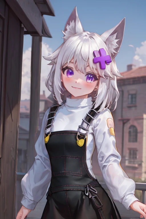 <lora:lilfil-10 (1):0.8> masterpiece, best quality, absurdres, colorful, outdoors, day, 1girl, solo, lilfil, white hair, short hair, animal ears, tail, purple eyes, x hair ornament, black overalls, black suspenders, black skirt, white sweater, long sleeves, smile