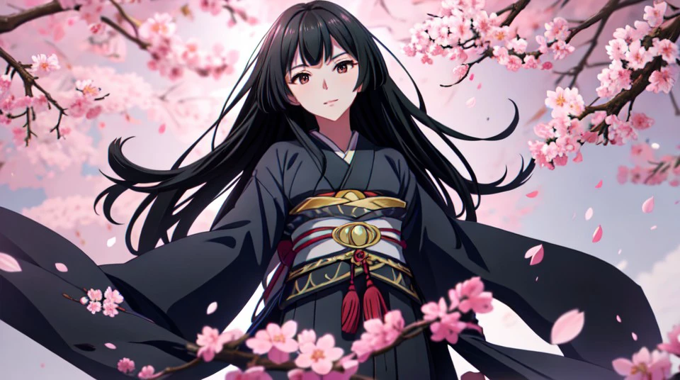 best quality, one girl, mature, standing, cherry blossoms falling, <lora:add_detail:0.5> , masterpiece,top down view, <lora:Glassv1.1:0.55>, black kimono, fan vassal weapons, looking at viewer