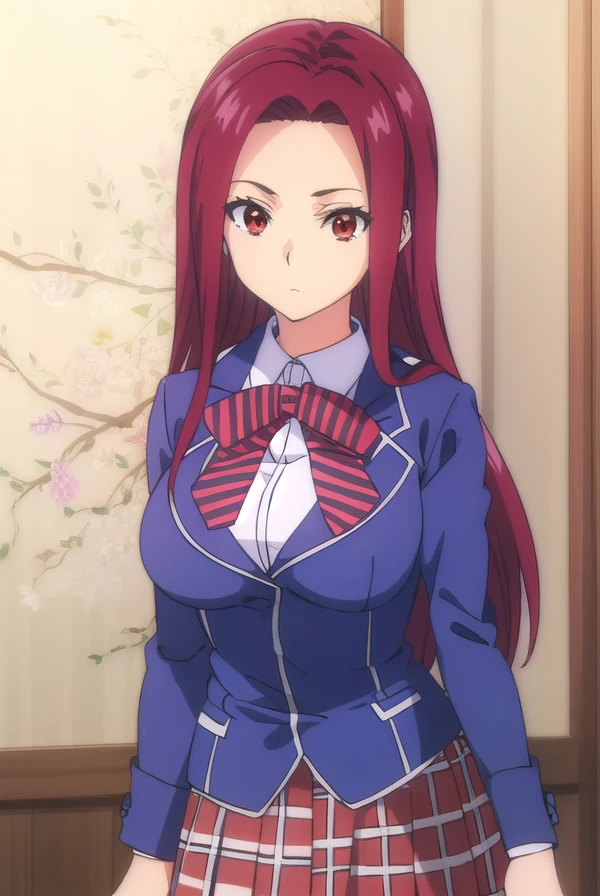 ryoukosakaki, <lora:ryouko sakaki s1-lora-nochekaiser:1>,
ryouko sakaki,  long hair, (red eyes:1.3), red hair, (forehead:1.2),
BREAK bow, school uniform, striped, bowtie, blazer, striped bowtie, blue blazer, brown skirt, plaid skirt, plaid,
BREAK indoors, kitchen,
BREAK looking at viewer, (cowboy shot:1.5),
BREAK <lyco:GoodHands-beta2:1>, (masterpiece:1.2), best quality, high resolution, unity 8k wallpaper, (illustration:0.8), (beautiful detailed eyes:1.6), extremely detailed face, perfect lighting, extremely detailed CG, (perfect hands, perfect anatomy),