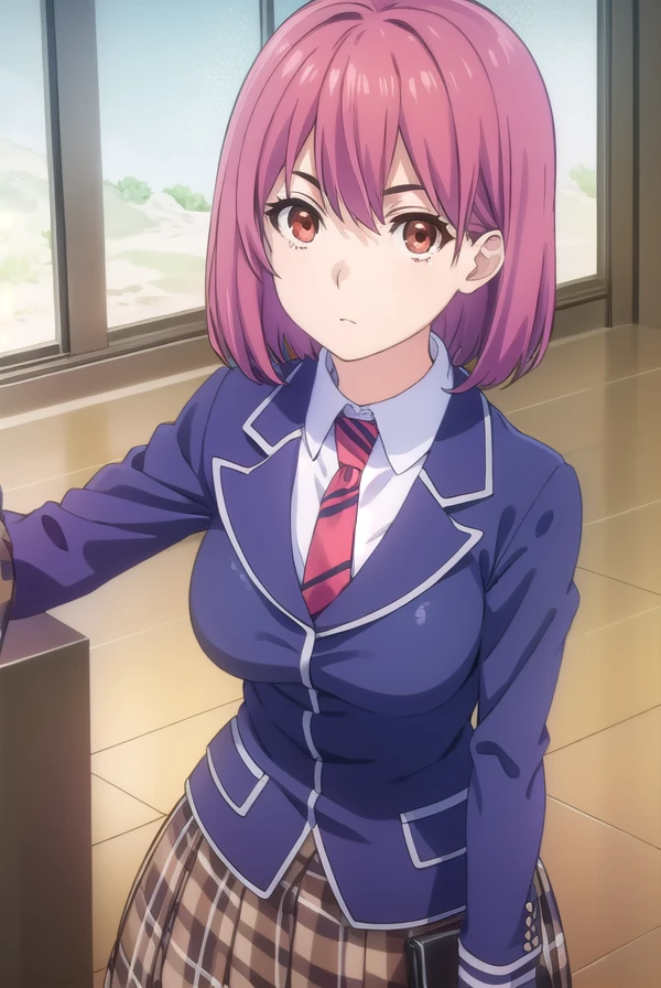 hisakoarato, <lora:hisako arato s1-lora-nochekaiser:1>,
hisako arato, short hair, (red eyes:1.3), pink hair,
BREAK skirt, school uniform, jacket, pleated skirt, necktie, striped, plaid, plaid skirt, blazer, striped necktie,
BREAK indoors, kitchen,
BREAK looking at viewer, (cowboy shot:1.5),
BREAK <lyco:GoodHands-beta2:1>, (masterpiece:1.2), best quality, high resolution, unity 8k wallpaper, (illustration:0.8), (beautiful detailed eyes:1.6), extremely detailed face, perfect lighting, extremely detailed CG, (perfect hands, perfect anatomy),