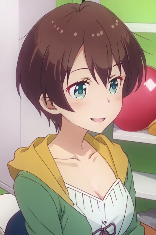 best quality, masterpiece, highres, solo, {shinoda_hajime_newgame:1.15}, brown_hair, short_hair, green_eyes, blush, collarbone, smile, 1girl, ahoge, indoors, open_mouth