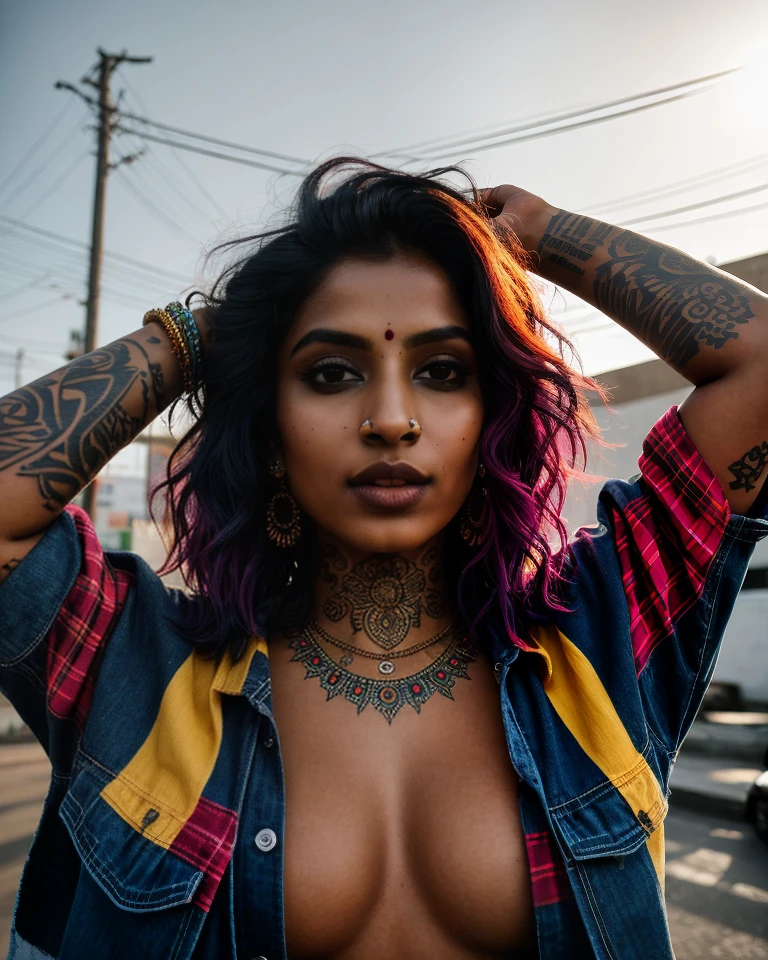indian woman, upper body portrait, tattoed street style icon, drenched in rebellious energy, wearing oversized flannel shirt, vibrant graffiti as backdrop, edgy fashion, sense, confident gaze, colorful hair, light beams streaming through haze, intricate details, skin imperfections, halo of light, midday sunlight streaks spilling over face, face details, unbelievable intricate details, dark shadows, real lighting, bloom, volumetric lighting, cinematic lights (ultra skin texture), (symmetrical eyes)