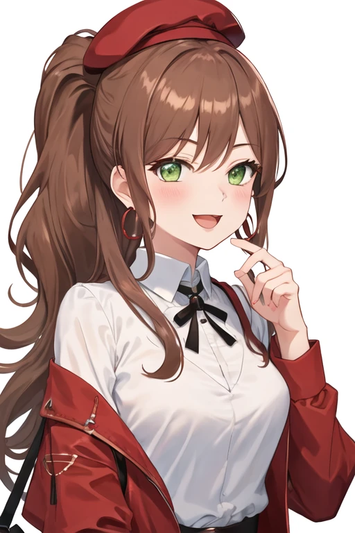 best quality, masterpiece, highres, solo, {imai_lisa_bangdream:1.15}, brown_hair, long_hair, bangs, smile, jewelry, green_eyes, earrings, blush, ponytail, sidelocks, 1girl, one_eye_closed, looking_at_viewer, shirt, upper_body, white_shirt, ;d, open_mouth, simple_background, white_background, beret, hat, long_sleeves, red_headwear, wavy_hair