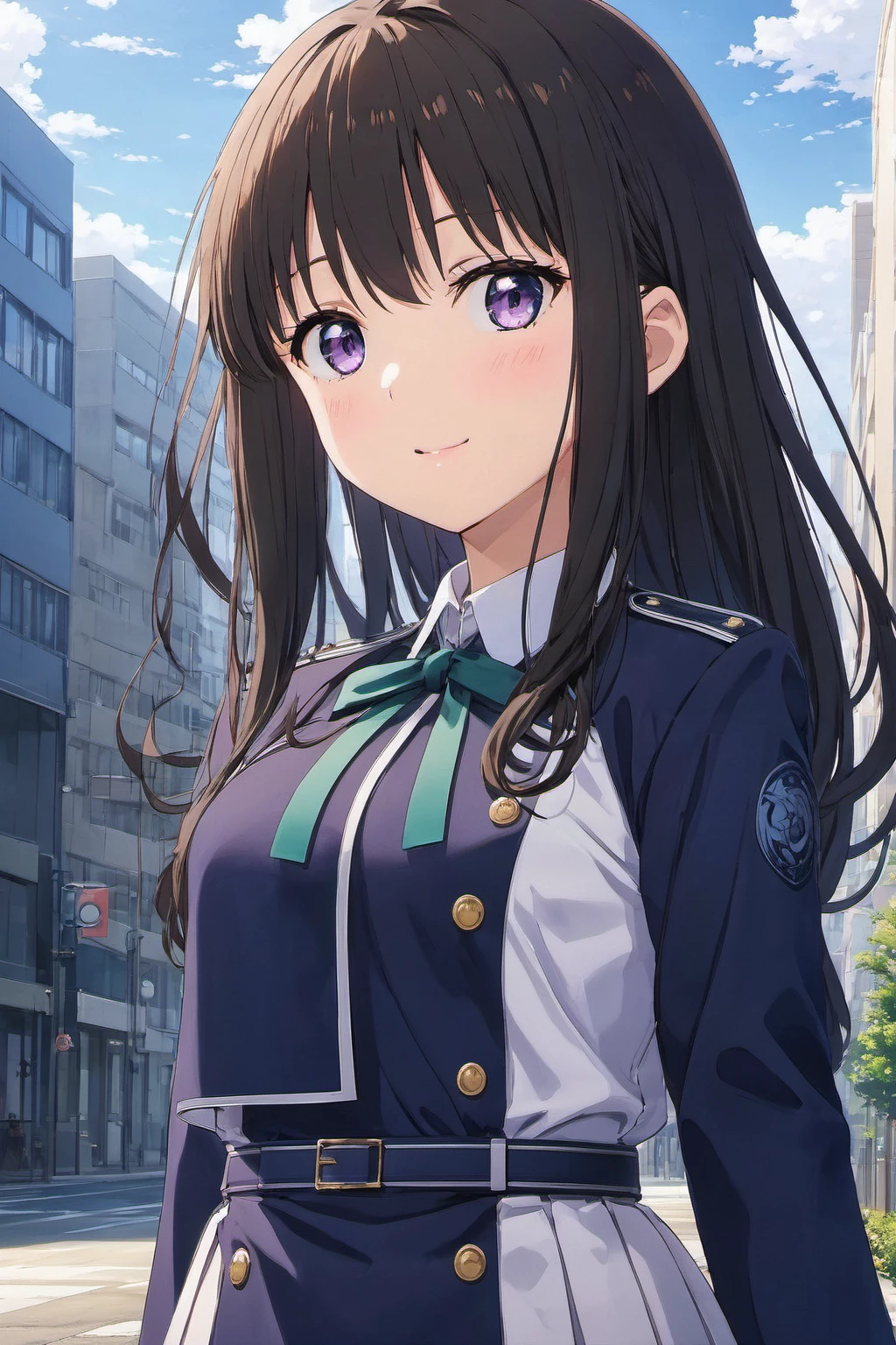 masterpiece,best quality,extremely detailed 8K wallpaper,inoue takina, purple eyes,1girl,lycoris uniform,full boyd,standing,