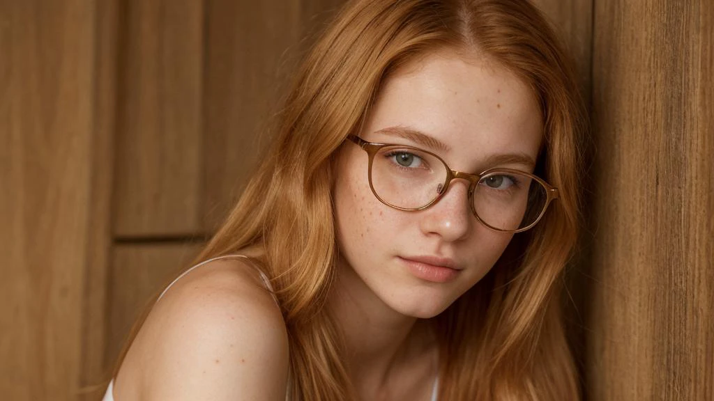 professional, masterpiece, 8k, hyperrealistic portrait of a 20yo cute blond girl, long hair, redhead, glasses, (looking shy:1.3), freckles, detailed face, detailed skin, photography, hq, photorealistic, DV_Snooky_Vicious