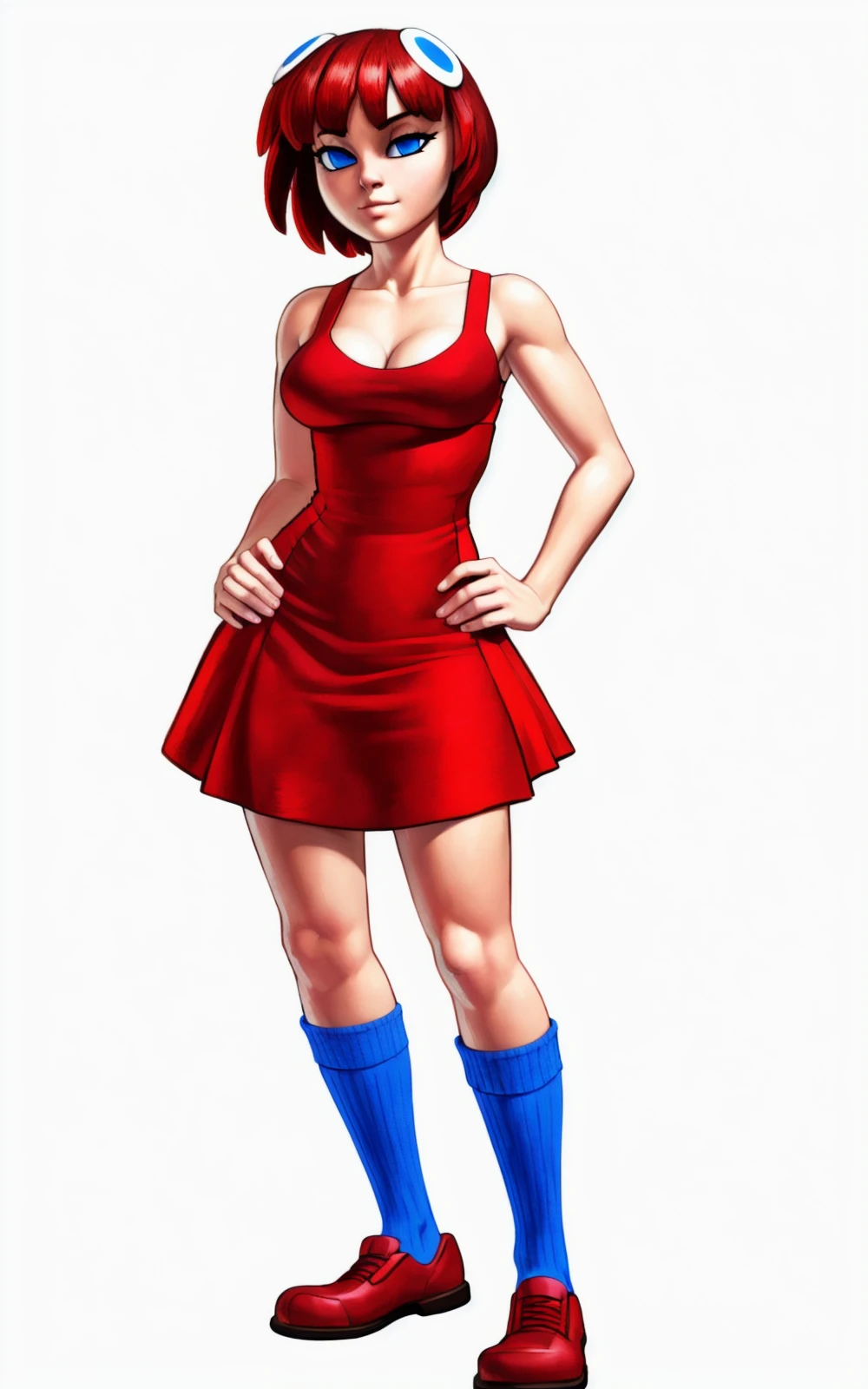 8k.4k,((Best quality, masterpiece, ultra high resolution)),((full body)),standing,by Pixelsketcher, <lora:Blinky:1.1>,dress, blue eyes,red hair, red dress, short hair,breasts,short dress,shoes, red footwear, cleavage, sleeveless dress,(blue socks),human,hair ornament,white background,solo,hands on hips