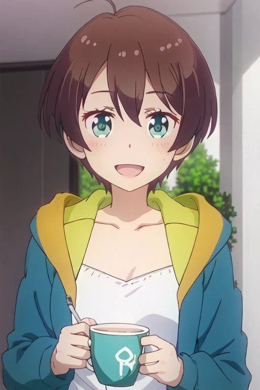 best quality, masterpiece, highres, solo, {shinoda_hajime_newgame:1.15}, brown_hair, short_hair, green_eyes, blush, collarbone, smile, 1girl, :d, anime_coloring, hair_between_eyes, hood, hoodie, open_mouth, portrait, looking_to_the_side