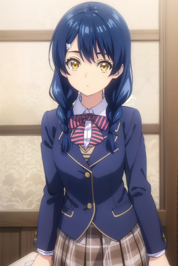 megumitadokoro, <lora:megumi tadokoro s1-lora-nochekaiser:1>,
megumi tadokoro, long hair, blue hair, (yellow eyes:1.3), braid, twin braids,
BREAK bow, school uniform, striped, bowtie, blazer, striped bowtie, blue blazer, brown skirt, plaid skirt, plaid,
BREAK indoors, kitchen,
BREAK looking at viewer, (cowboy shot:1.5),
BREAK <lyco:GoodHands-beta2:1>, (masterpiece:1.2), best quality, high resolution, unity 8k wallpaper, (illustration:0.8), (beautiful detailed eyes:1.6), extremely detailed face, perfect lighting, extremely detailed CG, (perfect hands, perfect anatomy),