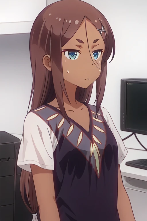 best quality, masterpiece, highres, solo, {ahagon_umiko_newgame:1.15}, brown_hair, long_hair, dark_skin, dark-skinned_female, hair_ornament, blue_eyes, x_hair_ornament, hairclip, 1girl, hair_between_eyes, looking_at_viewer, upper_body, shirt, short_sleeves