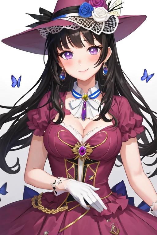 best quality, masterpiece, highres, solo, {shirokane_rinko_bangdream:1.15}, black_hair, bangs, purple_eyes, long_hair, blush, smile, breasts, hair_ornament, 1girl, blue_flower, earrings, flower, gem, jewelry, ribbon, rose, short_hair, white_flower, blue_rose, hair_flower, looking_at_viewer, alternate_hairstyle, neck_ribbon, white_rose, hat, brooch, dress, hat_flower, pink_flower, gloves, upper_body, pearl_\(gemstone\), pink_rose, white_gloves, white_background, blue_ribbon, bug, butterfly