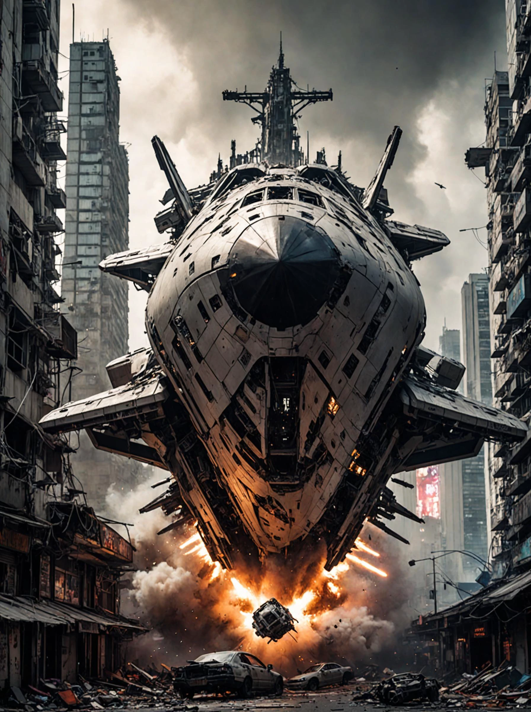 award-winning photo, a war space ship, crashing down, cyberpunk city, dystopian, epic