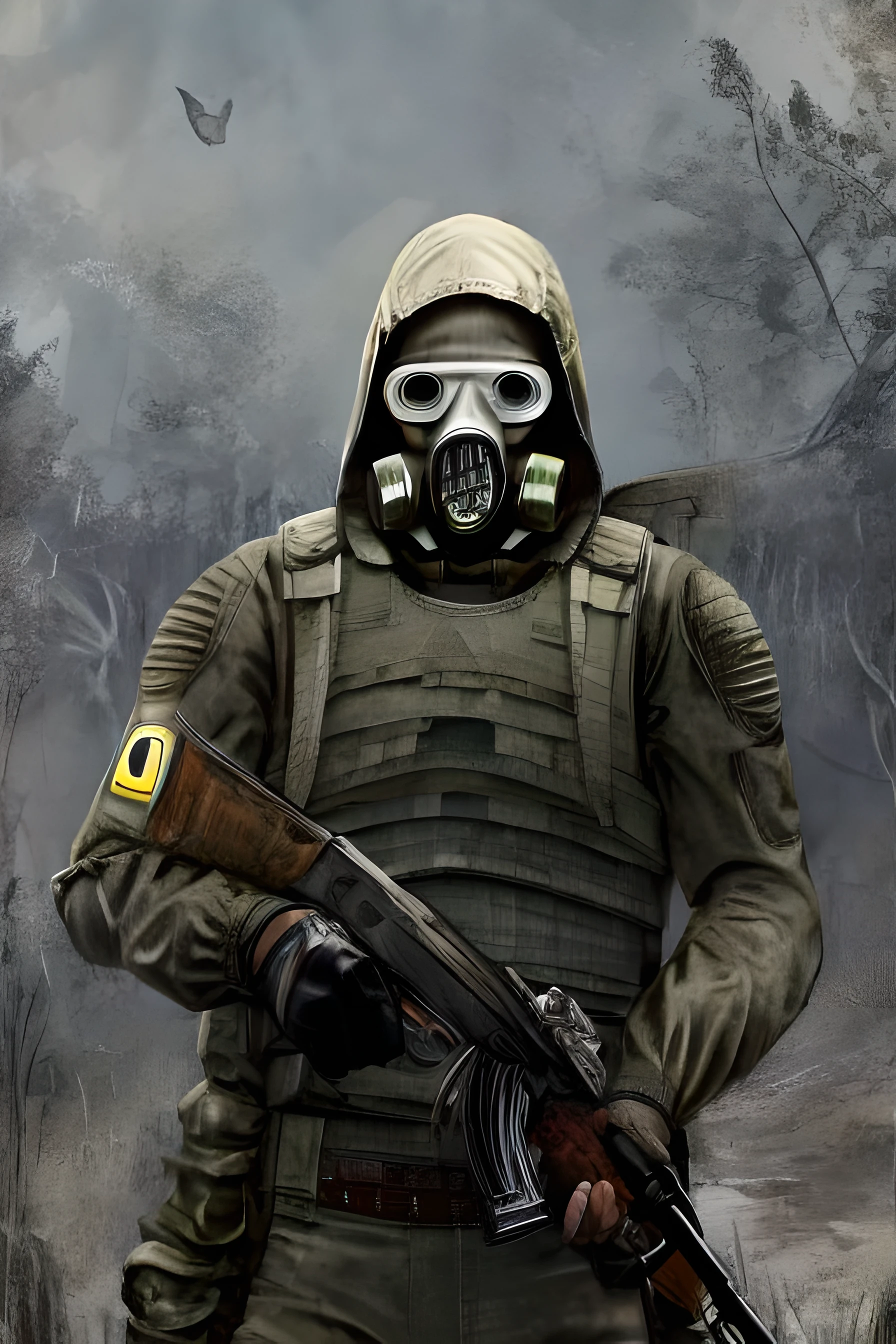 a man in a gas mask wearing a sunrise suit holding a rifle,<lora:more_details:0.5>,ak-47, akm, kalashnikov_rifle, assault_rifle, holding_gun