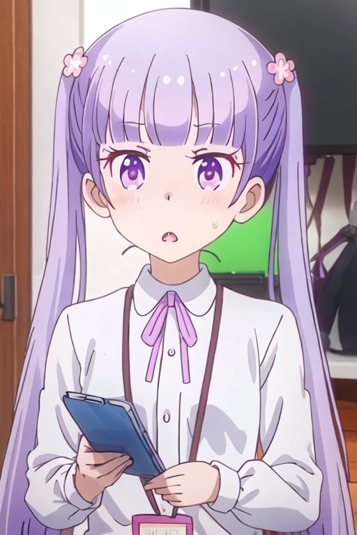 best quality, masterpiece, highres, solo, {suzukaze_aoba_newgame:1.15}, purple_hair, long_hair, twintails, purple_eyes, hair_ornament, flower, hair_flower, blush, ribbon, bangs, neck_ribbon, 1girl, formal, jacket, open_mouth, shirt, suit, upper_body, blunt_bangs, indoors, looking_at_viewer, pink_ribbon, blurry, white_shirt, :o