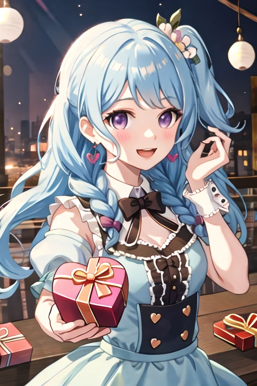 best quality, masterpiece, highres, solo, {matsubara_kanon_bangdream:1.15}, blue_hair, purple_eyes, bangs, long_hair, blush, smile, ribbon, hair_ornament, light_blue_hair, open_mouth, one_side_up, hair_ribbon, hair_flower, 1girl, box, earrings, frills, gift, heart, holding, holding_gift, jewelry, looking_at_viewer, red_ribbon, striped_ribbon, twintails, valentine, bow, heart-shaped_box, alternate_hairstyle, gift_box, upper_body, chocolate, heart_hair_ornament, striped, sidelocks, flower, frilled_sleeves, short_sleeves, wrist_cuffs