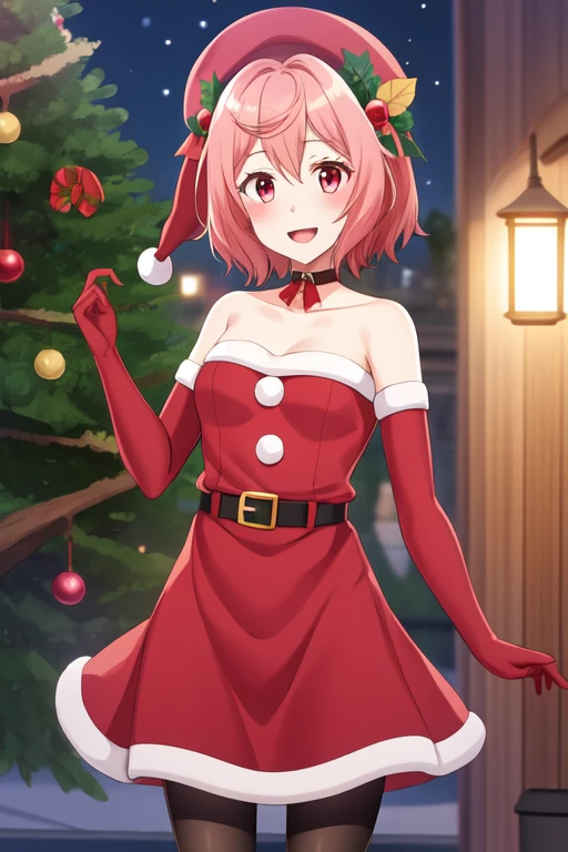 fdmlily, 1girl, hat, solo, santa costume, santa hat, night, gloves, pantyhose, boots, red footwear, elbow gloves, red gloves, christmas, black pantyhose, red headwear, fur trim, smile, open mouth, dress, santa boots, outdoors, hair ornament, fur-trimmed dress, red dress, bare shoulders, strapless, collarbone, tree, choker, strapless dress, night sky, belt