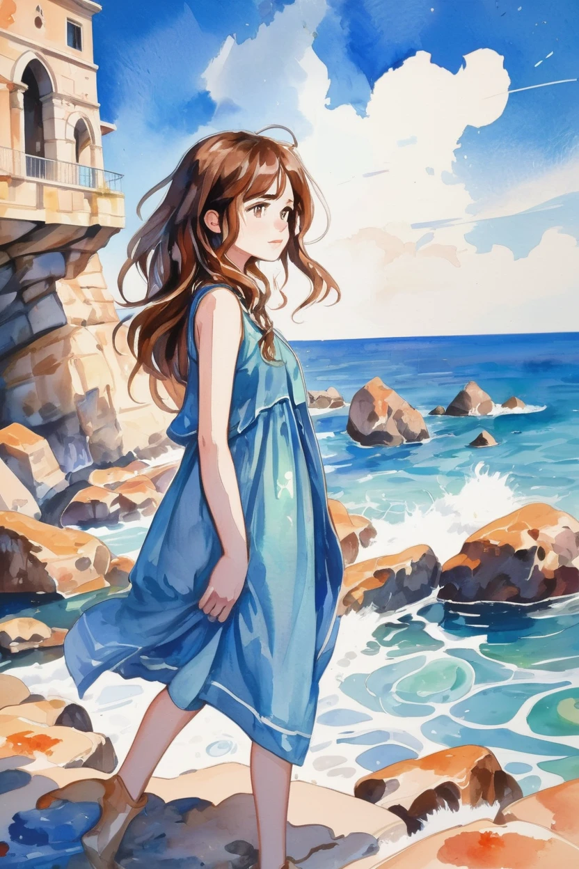 anime style watercolor, 1girl, woman, brown hair, Tuck and Roll<lora:EnvySendNoodzXL01:-1>, noon, blue sky, clouds, architecture, Nerdcore foundry by a Rocky shoreline with tide pools in a Venice at the beginning of the universe<lora:EnvyAnimeWatercolorXL01:1>