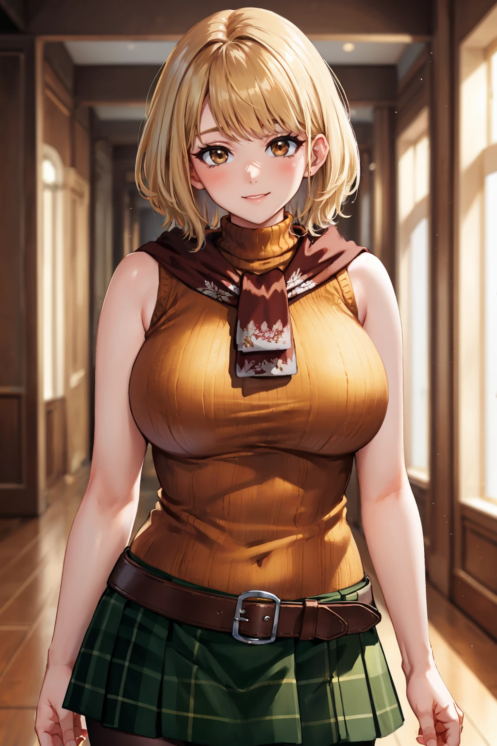 masterpiece, best quality, <lora:ashleygraham-nvwls-v1-000009:0.9> ashley graham, brown eyes, bangs, red scarf, orange sweater, sleeveless turtleneck, green miniskirt, belt, pantyhose, large breasts, upper body, looking at viewer, smile, indoors, hallway, arms at sides