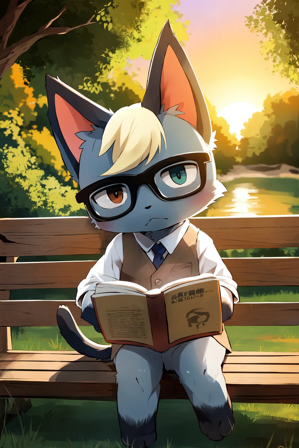 raymond, 1boy, (by dagasi:1.2), soft lighting, heterochromia, (detailed eyes, furry:1.3), cat ears, vest, white shirt, looking at viewer, (detailed fur, body fur tail:1.1), grey fur, :<, blonde hair, animal nose, detailed background, glasses, barefoot, paws, holding book, reading, sunset, sitting on bench, park, tree, 8k, hdr <lora:raymondAC:1>