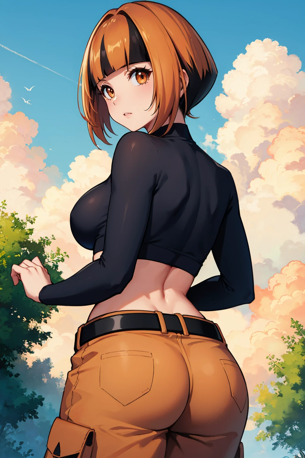 masterpiece, best quality, <lora:gardenia-nvwls-v1-000008:1> natane, multicolored hair, black shirt, long sleeves, midriff, belt, orange shorts, large breasts, from behind, ass, looking at viewer, blue sky, clouds