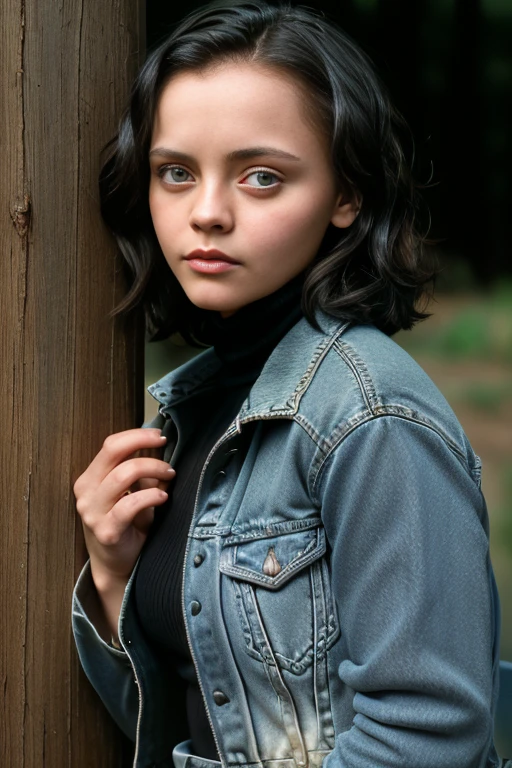 (RAW, analogue, Nikon Z 14mm ultra-wide angle lens, award-winning glamour photograph, ((best quality)), ((masterpiece)), ((realistic)), skin pores, subsurface scattering, radiant light rays, high-res, detailed facial features, high detail, sharp focus, smooth, aesthetic, extremely detailed, (extremely detailed eyes, extremely detailed iris), extremely detailed hair, extremely detailed skin, extremely detailed clothes, octane render, photorealistic, realistic, post-processing, max detail, realistic shadows, roughness, natural skin texture, real life, ultra-realistic, photorealism, photography, 8k UHD, photography, hdr, intricate, elegant, highly detailed, sharp focus, stunning, beautiful, gorgeous), (photorealistic), (realistic), chri5tinaricci9899, full body, brown hair, brown eyes, (denim jacket:1.3), (black turtleneck sweater:1.1), jeans, lips, short curly hair, outdoors, on a ranch, leaning on a wooden post, looking at viewer, upper body, morning, bright, <lora:Christina_Ricci_9899_PMv1_Lora:1.3>,