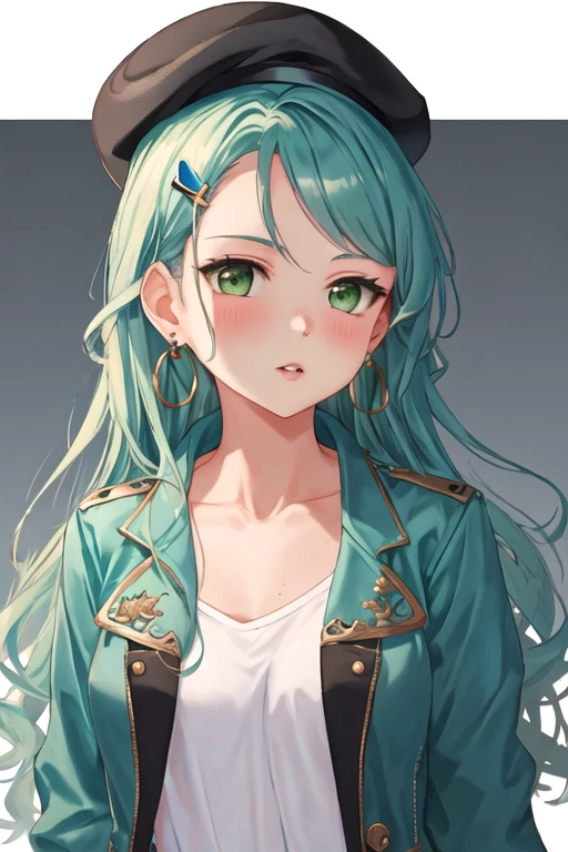 best quality, masterpiece, highres, solo, {hikawa_sayo_bangdream:1.15}, green_eyes, aqua_hair, long_hair, bangs, blush, jewelry, 1girl, beret, black_headwear, earrings, green_jacket, hat, jacket, long_sleeves, looking_at_viewer, shirt, white_shirt, clothes_writing, collarbone, outline, parted_lips, upper_body