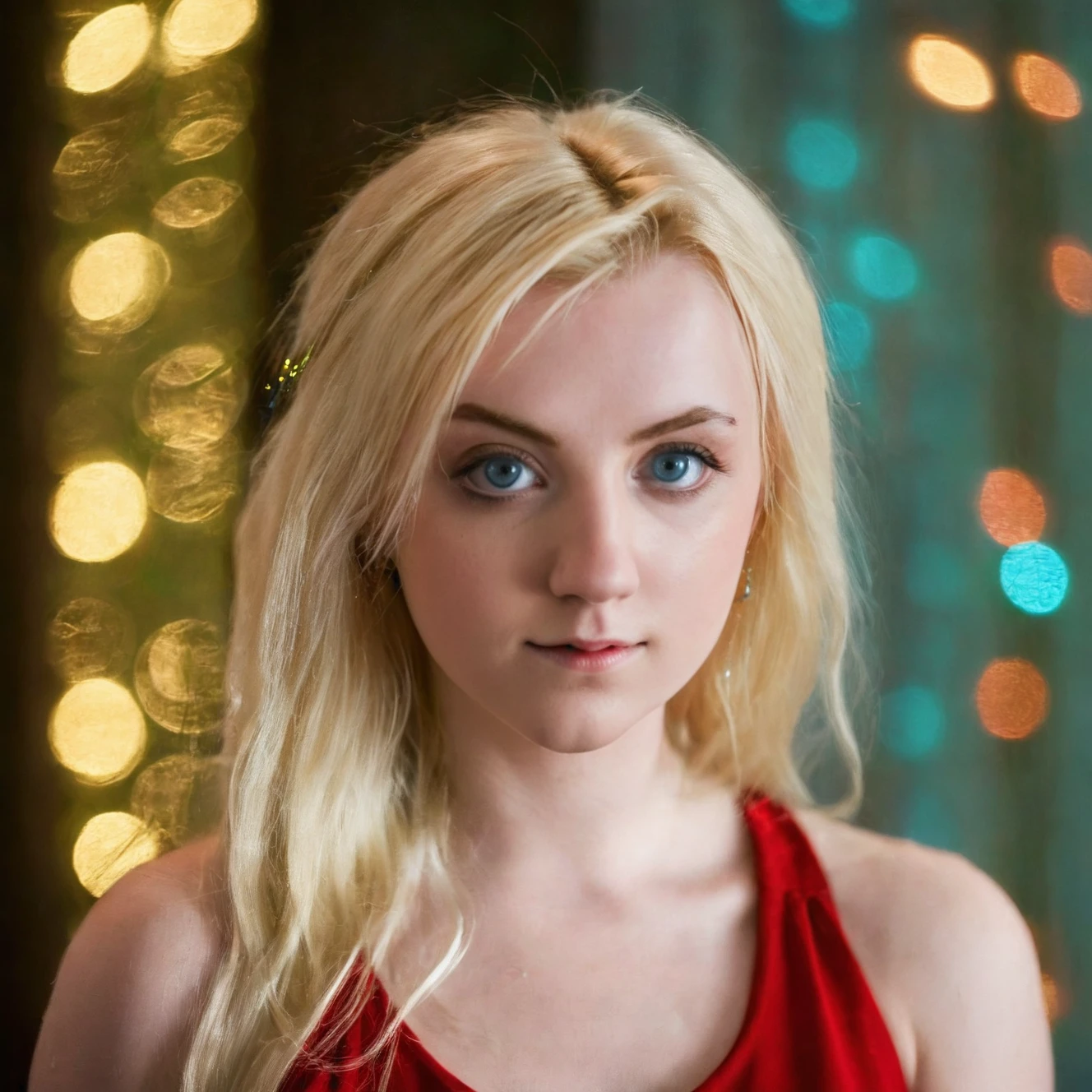 l0n42023,<lora:l0n42024:0.95>, teenage, blonde hair, blue eyes, cinematic, masterpiece, best quality, bokeh, wearing a red dress