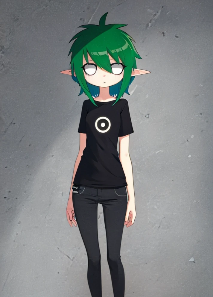 ((scene_style)), gavial, green hair, empty eyes, white eyes, solid circle eyes, pointy ears, black shirt, black pants, solo, <lora:scene_style-04:1>, <lora:Gavial-04:0.6>