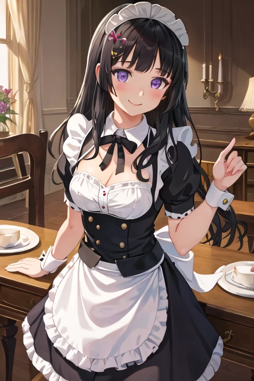 best quality, masterpiece, highres, solo, {maid:1.40}, {long maid dress:1.15}, {shirokane_rinko_bangdream:1.15}, black_hair, bangs, purple_eyes, long_hair, blush, smile, breasts, hair_ornament