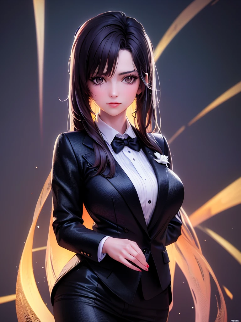 realistic upper body portrait photography of raqcuel darrian a beautiful 35 year old brunette clothed curvy woman model with big long straight hair wearing a AnzhcTuxedo tuxedo, looking at camera, dark neon sky background, volumetric light, ultra high res, best shadow, RAW <lora:racquel_darrian_v1.0:0.6> <lora:AnzhcTuxedo_679805:1>