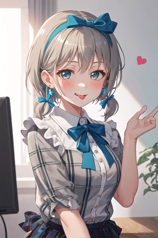 best quality, masterpiece, highres, solo, {aoba_moca_bangdream:1.15}, short_hair, grey_hair, bangs, blush, smile, blue_eyes, 1girl, hair_ribbon, looking_at_viewer, plaid, plaid_shirt, ribbon, alternate_hairstyle, blue_ribbon, earrings, green_shirt, jewelry, shirt, upper_body, frills, heart, heart_earrings, twintails, collared_shirt, hairband, tongue, tongue_out