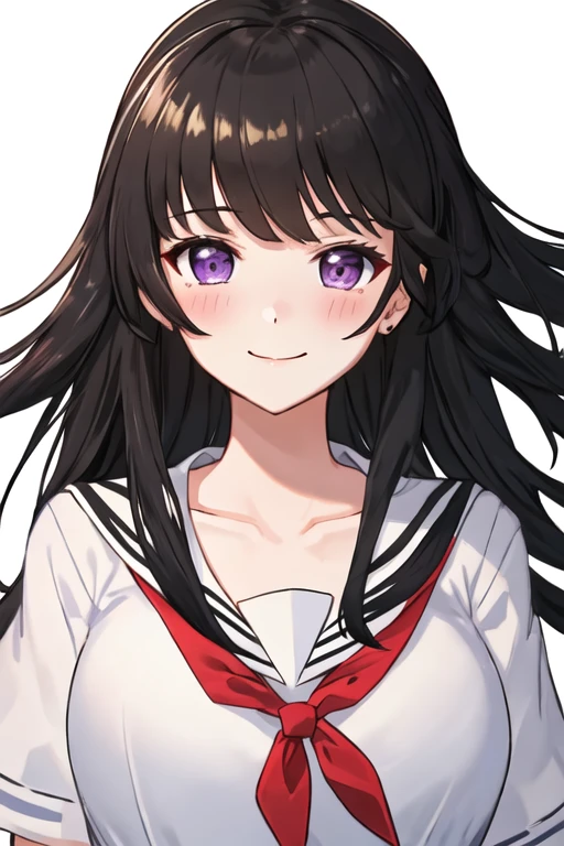 best quality, masterpiece, highres, solo, {shirokane_rinko_bangdream:1.15}, black_hair, bangs, purple_eyes, long_hair, blush, smile, breasts, hair_ornament, 1girl, hanasakigawa_school_uniform, looking_at_viewer, sailor_collar, school_uniform, white_sailor_collar, closed_mouth, simple_background, collarbone, serafuku, upper_body, blunt_bangs, white_background, portrait