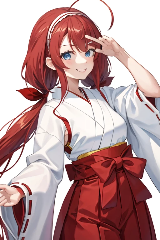 best quality, masterpiece, highres, solo, {white kimono:1.35}, {red hakama:1.35}, {wide sleeves:1.20}, {kawakaze_kantaicollection:1.15}, long_hair, red_hair, ribbon, hairband, hair_ribbon, bangs, ahoge, twintails, sidelocks, low_twintails, asymmetrical_bangs, very_long_hair, smile, blue_eyes, serafuku, sleeveless, hair_flaps