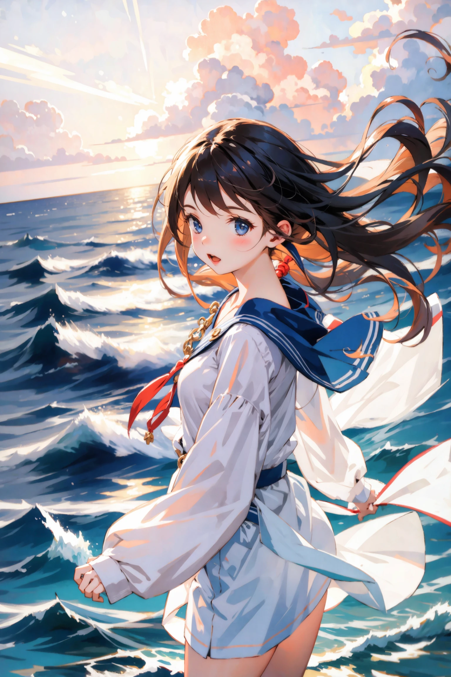 1girl, best quality, high resolution, sea, ship, windy,