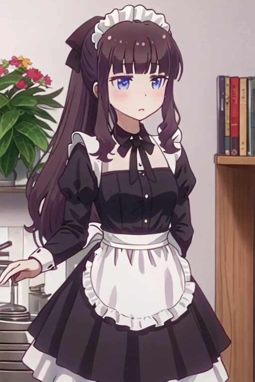 best quality, masterpiece, highres, solo, {maid:1.40}, {long maid dress:1.15}, {takimoto_hifumi_newgame:1.15}, long_hair, bangs, blue_eyes, blunt_bangs, blush, ponytail, brown_hair, purple_hair, hair_bow