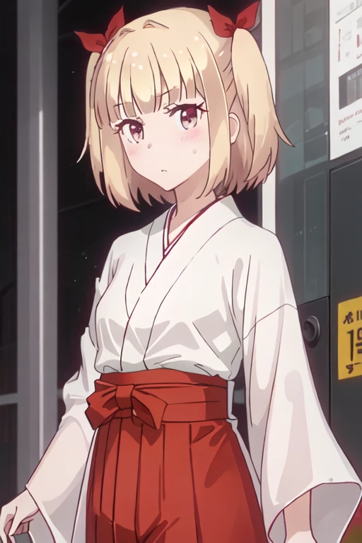 best quality, masterpiece, highres, solo, {white kimono:1.35}, {red hakama:1.35}, {wide sleeves:1.20}, {iijima_yun_newgame:1.15}, blonde_hair, short_hair, blush, two_side_up, ribbon, bangs, hair_ribbon